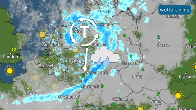 WetterRadar zeigt für Montag Tief mit Regen über Deutschland