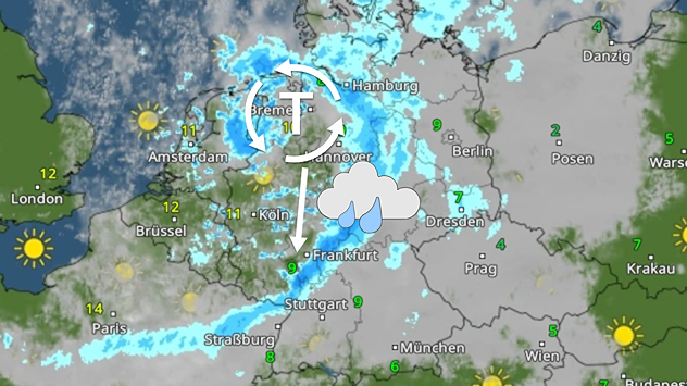WetterRadar zeigt für Montag Tief mit Regen über Deutschland