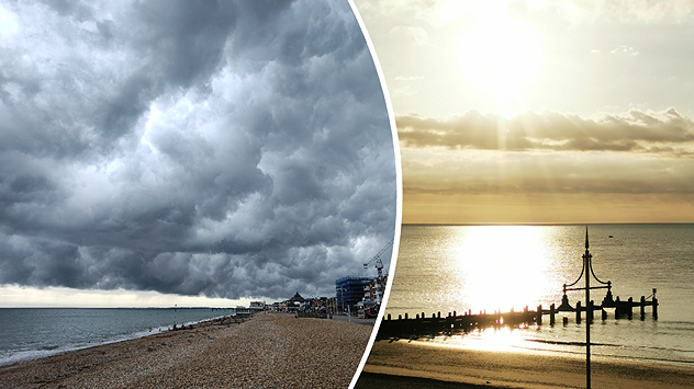 Split image. On the left - Thick, stormy clouds cover the sky at the coast. The sea is to the left with a beach taking centre frame. On the right - View of the North Sea with rays of sunlight streaming down over cloud.