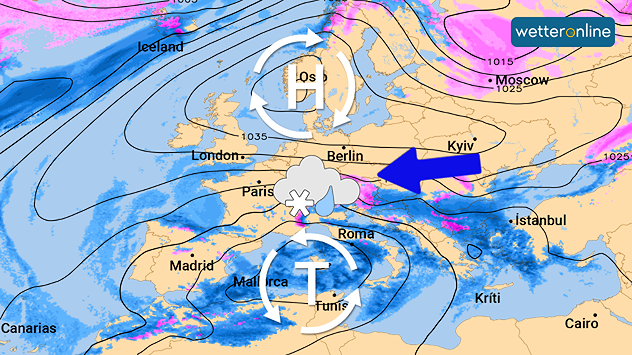 Carte météo pour l'Europe à Noël avec anticyclone et dépression. Symbole de neige fondante au-dessus de l'Europe centrale et flèche bleue indiquant l'arrivée d'air froid en provenance de l'est.