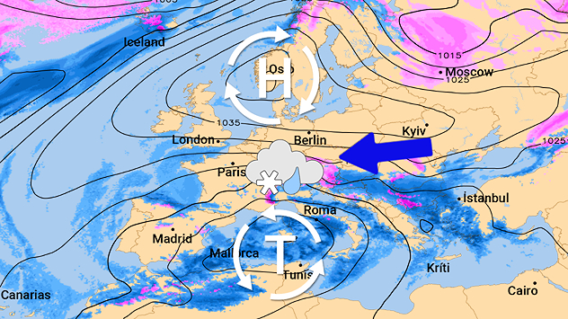 Carte météo pour l'Europe à Noël avec anticyclone et dépression. Symbole de neige fondante au-dessus de l'Europe centrale et flèche bleue indiquant l'arrivée d'air froid en provenance de l'est.