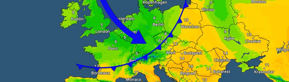 TemperaturRadar für Europa. Eingezeichnet ist eine Kaltfront und ein blauer Pfeil.