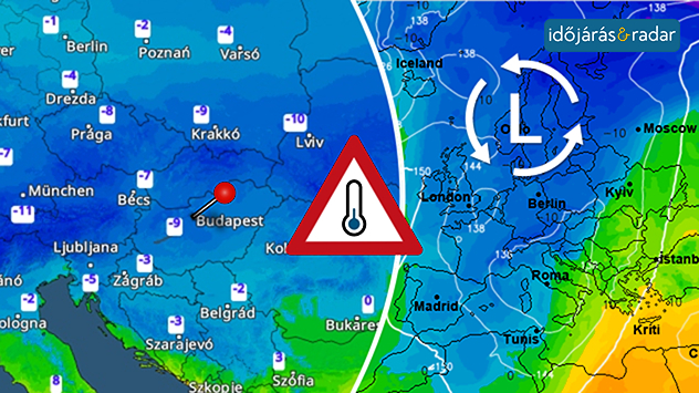 Európa időjárási térképe, nyíllal jelölve a hideg levegő beáramlását Közép-Európába. Alacsony hőmérséklet Észak- és Kelet-Európában, enyhébb levegő délen.