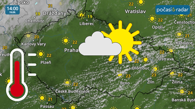 Meteoradar, screenshot, 19. 9. 14:00: Sobota do Česka přináší většinou slunečné a poměrně teplé počasí.