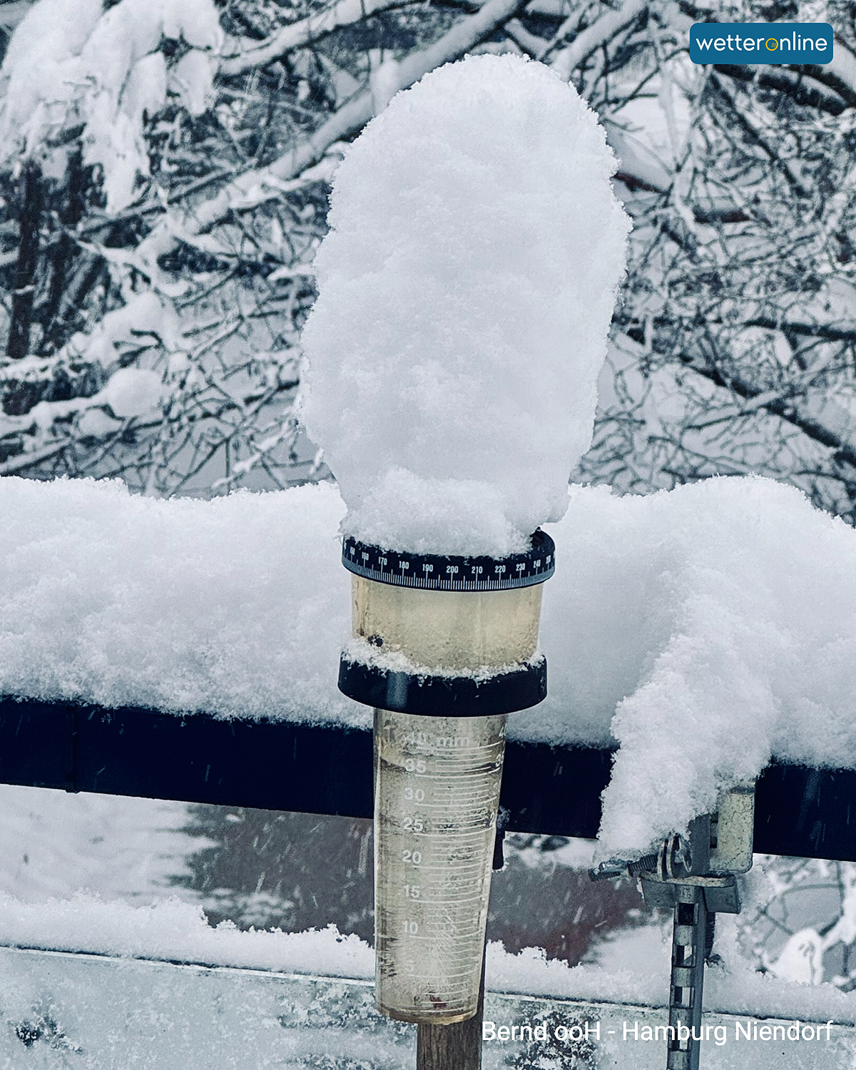 Messbecher mit hoher Schneesäule auf Geländer, umgeben von verschneiten Bäumen.