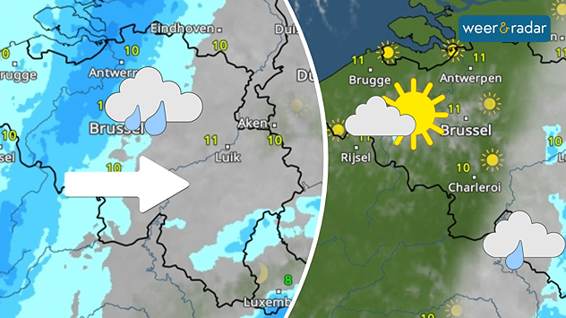 Een dubbele afbeelding met links een regengebied boven de westelijke helft van België die naar het oosten trekt, weergeven door een witte pijl en een wolk met regen. Rechts een afbeelding met veel zon en een wolk ingetekend boven een groot deel van België, alleen in het oosten nog veel wolken zichtbaar en ingetekend met een regendruppel.