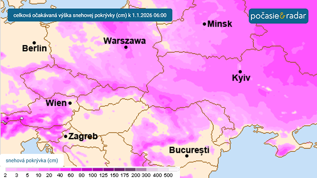 Mapa očakávanej výšky snehovej pokrývky v priestore strednej Európy do 1.1.2026 06:00.