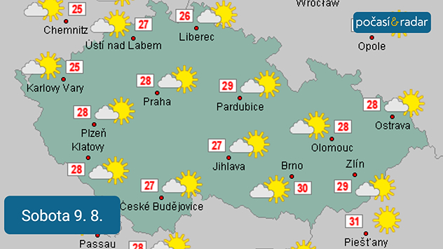 Předpovědní mapa pro Česko: Výhled na sobotu 9. srpna - do Česka se pravděpobně postupně vrátí slunné a teplé počasí.