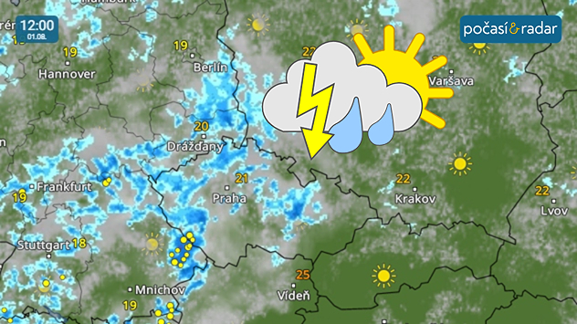 Meteoradar, screenshot 1. 8. 12:00: Velká oblačnost, místy přeháňky, občasný déšť, ojediněle i bouřky, denní teploty jen lehce přes 20 °C - takové počasí nás čeká například i v pátek.