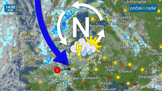 Meteoradar, screeenshot 2. 8. 14:00: Na obloze většinou panuje velká oblačnost, kterou často doprovází přeháňky/bouřky. Teploty zůstávají nižší, během dne se většinou pohybují mezi 19 až 25 °C.
