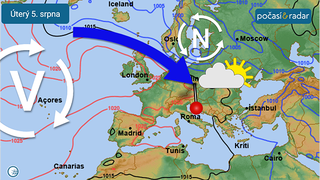 Mapa synoptické situace nad Evropou, předpověď na úterý 5. 8. : V příštím týdnu začne nad střední Evropou pravděpodobně od západu sílit vliv tlakové výše nad Azorskými ostrovy. To by se případně projevilo postupným úbytkem srážek i oblačnosti, teploty však zpočátku zůstanou v převládajícím severozápadním proudění nižší.