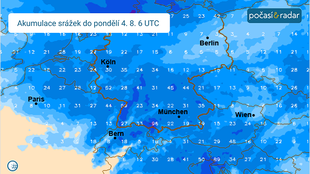 Předpokládaná akumulace srážek nad částí střední a západní Evropy do pondělního (4. 8.) rána dle modelu ICON. Zaprší i na většině území Česka.