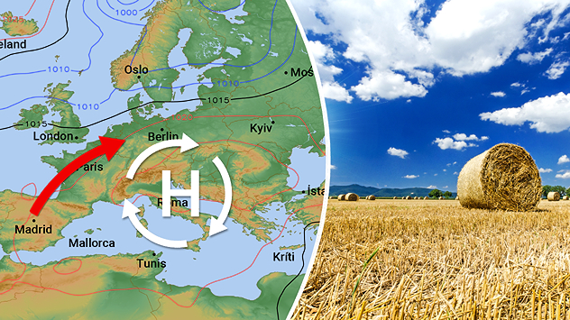 Carte haute pression au-dessus de l'Europe à côté d'un champ de paille avec des balles rondes sous un ciel bleu.