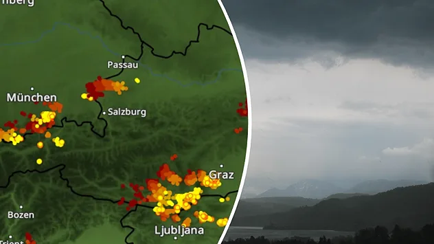 Karte von Österreich mit Blitzen - als Splitbild daneben ein Webcambild von Pörtschach am Wörthersee