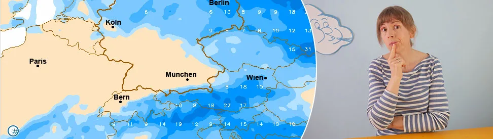 Geteiltes Bild: Links ist eine Wetterkarte für Deutschland und Teile Mitteleuropas zu sehen. Blautöne dominieren den Norden und Osten sowie die Alpenregion und stehen für kühlere Temperaturen, während die Mitte und der Süden Deutschlands in einem hellen Beige dargestellt sind und auf wärmeres Wetter hinweisen. Markiert sind unter anderem Hamburg, Berlin, Köln, München und Bern. Rechts blickt eine nachdenklich wirkende Frau mit gestreiftem Langarmshirt und hochgesteckten Haaren in die Kamera. Sie legt den Zeigefinger ans Kinn und vermittelt den Eindruck, über die Wetterentwicklung nachzudenken.
