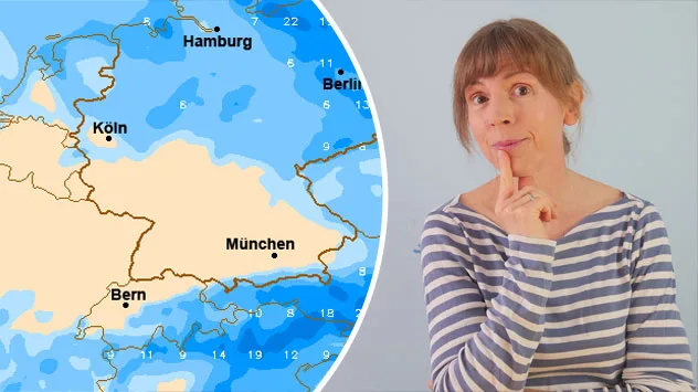 Geteiltes Bild: Links ist eine Wetterkarte für Deutschland und Teile Mitteleuropas zu sehen. Blautöne dominieren den Norden und Osten sowie die Alpenregion und stehen für kühlere Temperaturen, während die Mitte und der Süden Deutschlands in einem hellen Beige dargestellt sind und auf wärmeres Wetter hinweisen. Markiert sind unter anderem Hamburg, Berlin, Köln, München und Bern. Rechts blickt eine nachdenklich wirkende Frau mit gestreiftem Langarmshirt und hochgesteckten Haaren in die Kamera. Sie legt den Zeigefinger ans Kinn und vermittelt den Eindruck, über die Wetterentwicklung nachzudenken.
