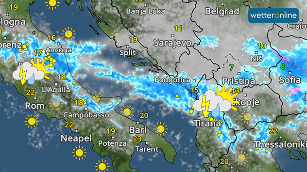 Weather map of south-eastern Europe showing thunderstorms and rain. Lightning and clouds over Italy and the Balkans. Sunny spells in the south, with rain moving eastwards.