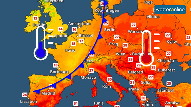 Die Wetterkarte zeigt eine Kaltfront von Frankreich bis Skandinavien mit kühleren Temperaturen im Westen. In Osteuropa und Südeuropa bleibt es sehr heiß mit bis zu 30 Grad.