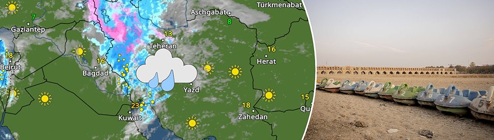 WetterRadar für Iran zeigt Regen (links) und ausgetrocknetes Flussbett im Iran (rechts) (c) Bild: dpa