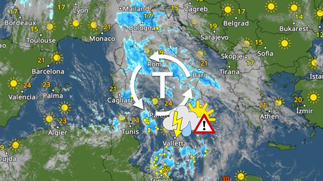 WetterRadar: Ein kräftiges Tief treibt sein Unwesen über dem Mittelmeer.