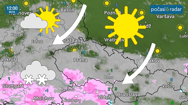 Meteoradar, screenshot, 24. 12. 12:00: Během Štědrého dne bude sněžení nejdéle doznívat na jihu Čech; na většině území bude od severovýchodu docházet k ustávání srážek a postupnému protrhávání oblačnosti.