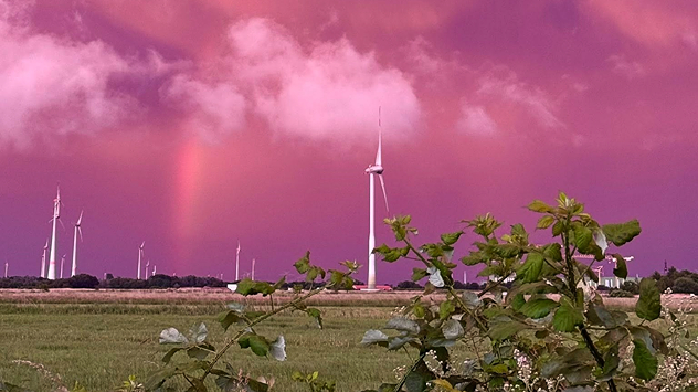 Landschaftsbild mit Windrädern und einem pinken Himmel inklusive Regenbogen