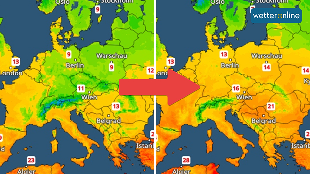 Europakarte zeigt Temperaturanstieg von kühl zu warm mit Pfeil zwischen den Karten.