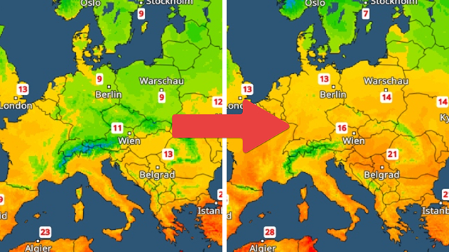 Temperaturanstieg in Europa Europakarte zeigt Temperaturanstieg von kühl zu warm mit Pfeil zwischen den Karten.