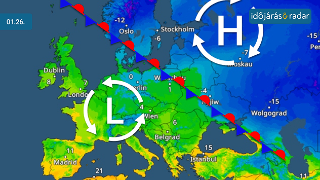 A délnyugat-európai enyhe levegő északkelet-európai hideg sarkvidéki levegővel áll szemben