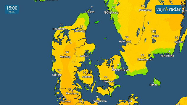 Temperaturkort over Danmark kl. 15.00 den 6. marts med lunt forårsvejr og temperaturer op til 16 grader.