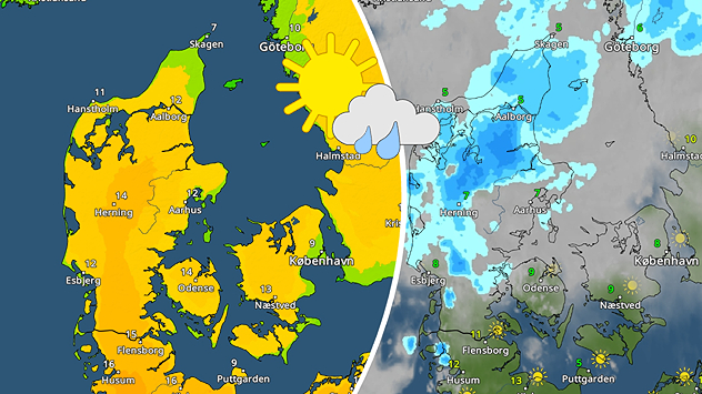 Grafisk sammenligning af vejrkort over Danmark med solrigt vejr efterfulgt af regnbyger.