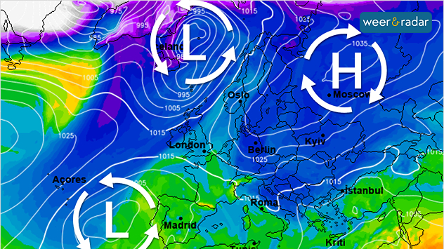 De weerkaart voor aanstaande dinsdag toont een opbouwend hogedrukgebied boven Rusland en Scandinavië. Lagedrukgebieden slagen er niet meer in Europa te bereiken.