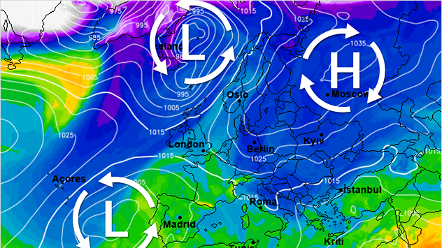 De weerkaart voor aanstaande dinsdag toont een opbouwend hogedrukgebied boven Rusland en Scandinavië. Lagedrukgebieden slagen er niet meer in Europa te bereiken.