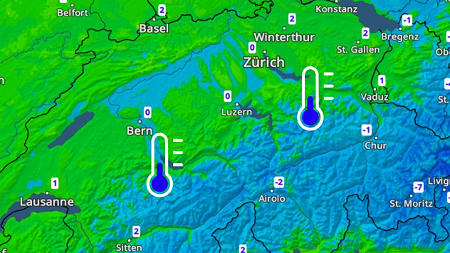 Die Wetterkarte zeigt tiefe Temperaturen um den Gefrierpunkt in der Schweiz. Besonders im Alpenraum liegen die Werte bei –2 bis 0 Grad, während es im Flachland etwas milder ist.