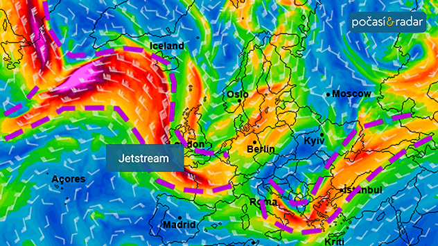 Mapa ukazuje předpověď rychlosti a směru proudění ve výšce přibližně 9 kilometrů nad zemí na příští víkend. Oblast vyhraněná fialovými tečkovanými čarami zhruba vymezuje polohu jet streamu.