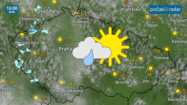 Meteoradar, screenshot, 2. 6. 16:00: V úterý se obloha nad Českem projasní, během dne se objeví jen ojedinělé přeháňky. Nejvyšší denní teploty dosáhnou až 25 °C.