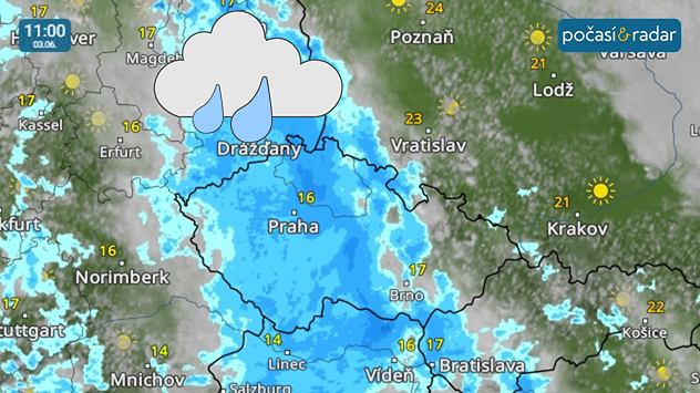 Meteoradar, screenshot, 3. 6. 11:00: Ve středu ovlivní počasí v Česku přechod frontálního systému.