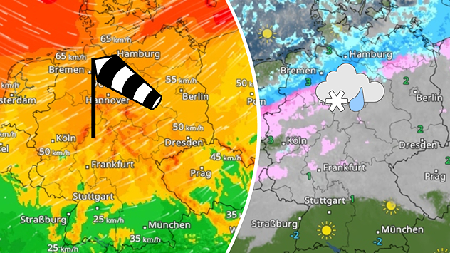 Wetterkarte mit starkem Wind im Westen und Schnee- sowie Regengebieten im Osten Deutschlands.