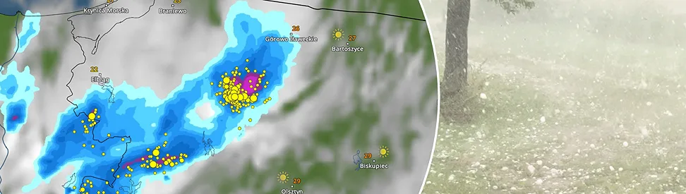 Links zeigt eine Wetterkarte ein kräftiges Gewitter mit zahlreichen Blitzen im Norden Polens. Rechts fällt dichter Hagel rund um einen Baum.