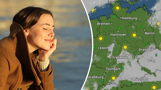 Links: Eine Frau, die die Sonne genießt. Rechts: Das WetterRadar von Montag.