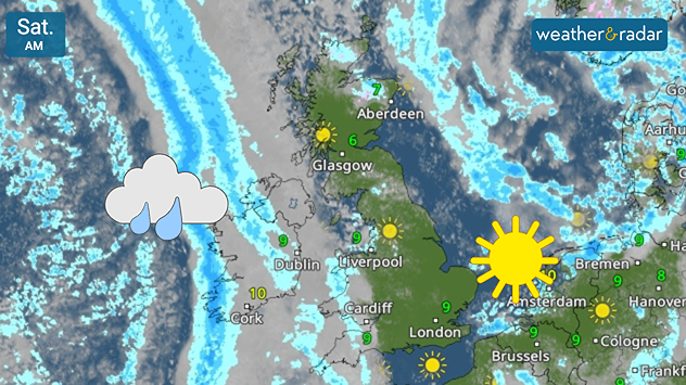 Satellite weather map of the UK and western Europe on Saturday morning showing a band of rain approaching Ireland from the Atlantic, while sunny conditions appear over England and nearby Europe.