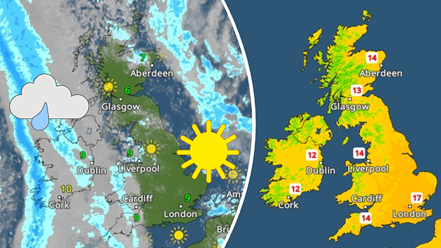 Split weather graphic showing Saturday morning satellite conditions with rain approaching from the Atlantic on the left and Sunday temperature conditions across the UK on the right.