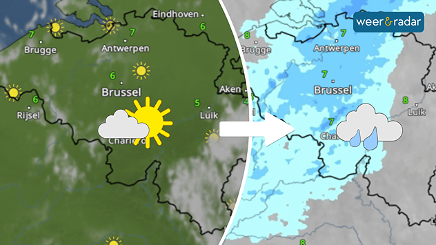 De WeerRadar links toont veel zon en wat wolken, dit symbool is ingetekend. De WeerRadar rechts toont een gebied met regen, dit symbool is daar ingetekend.