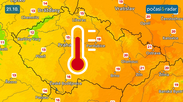 Předpověď maximálních denních teplot na středu 21. října: Středa do Česka přinese denní maxima pohybující se v širokém rozmezí od zhruba 12 °C na západě po 21 °C na východě.