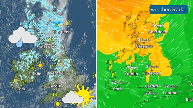 Split UK weather graphic showing scattered showers in blue across Scotland and parts of Ireland on the left, and a wind map on the right with speeds around 22 to 35 mph across the country.