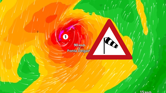 Eine Wetterkarte zeigt Hurrikan Gabrielle über den Azoren mit Windgeschwindigkeiten von rund 90 km/h. Ein Warnsymbol für Sturm ist eingeblendet.