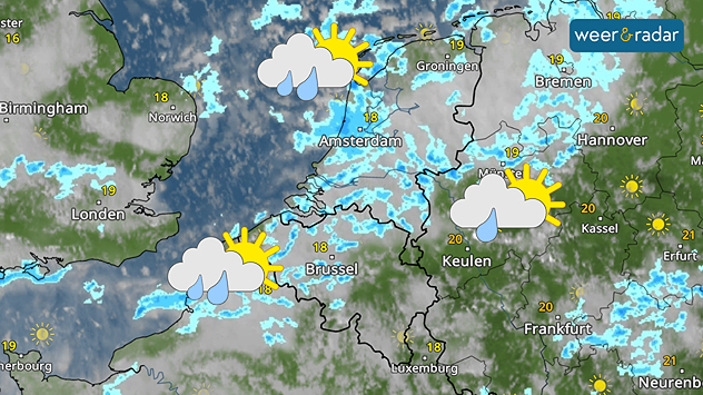 De WeerRadar voor zondag toont buien, de meeste aan zee. Daar een symbool van zon, wolken en veel buien ingetekend. Boven West-Duitsland ook dit symbool ingetekend, maar dan met 1 in plaats van 2 regendruppels.