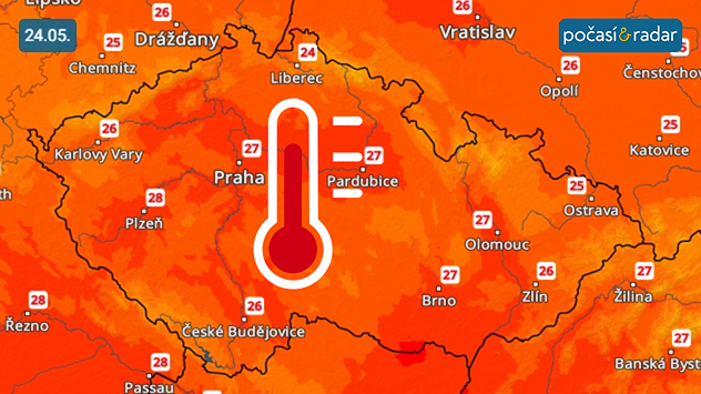 Předpověď maximálních denních teplot v Česku na neděli 24. května: O víkendu u nás budou maximální denní teploty často stoupat nad hranici letních 25 °C.