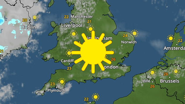 Weather map showing England, Wales, and south-east Ireland. Clear skies over England and Wales with Ireland overcast. A large sun icon rests over England.