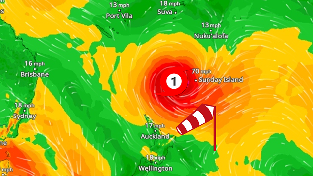 Map showing wind radar data for a tropical storm near New Zealand. A distinct storm centre with high wind speeds. New Zealand lies to the south of the system.